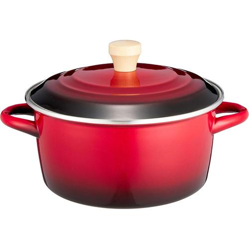 ホーロー両手鍋 22cm レッド 蓋付