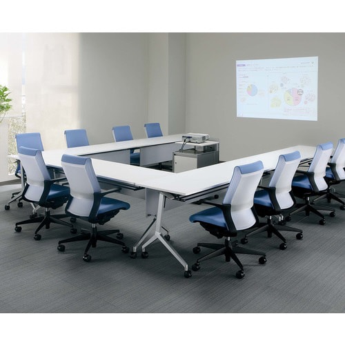 会議テーブル リーフライン幕板なし棚付白1845