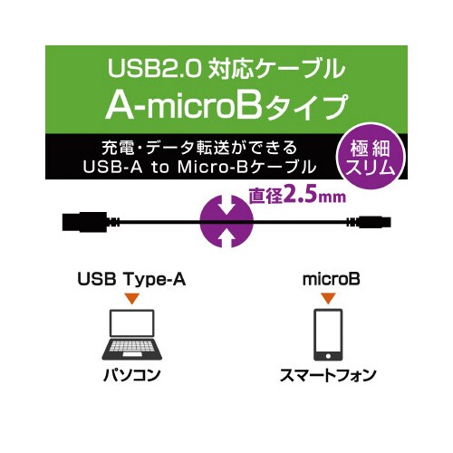 スリム マイクロBケーブル 2.0m ブラック