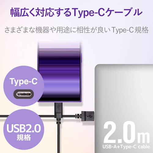 Type−Cケーブル/やわらか/2.0m/ブラック