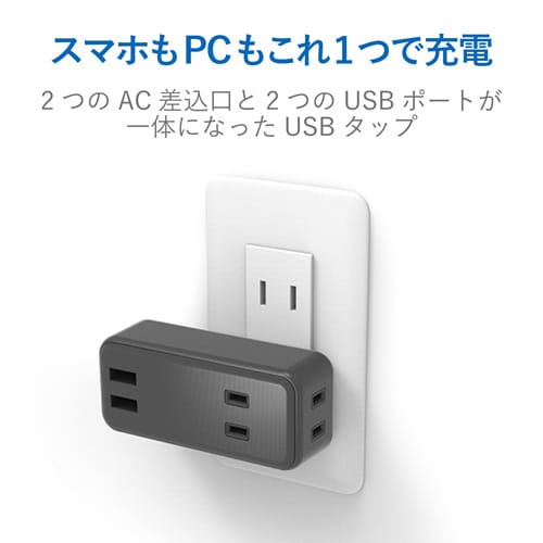 USBタップ/2個口+2ポート/直挿し/ブラック