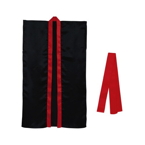 ソフトサテンロングハッピL黒/赤襟ハチマキ付