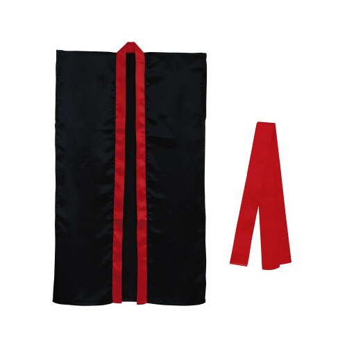 サテンロングハッピ黒(襟赤)L(ハチマキ赤付)