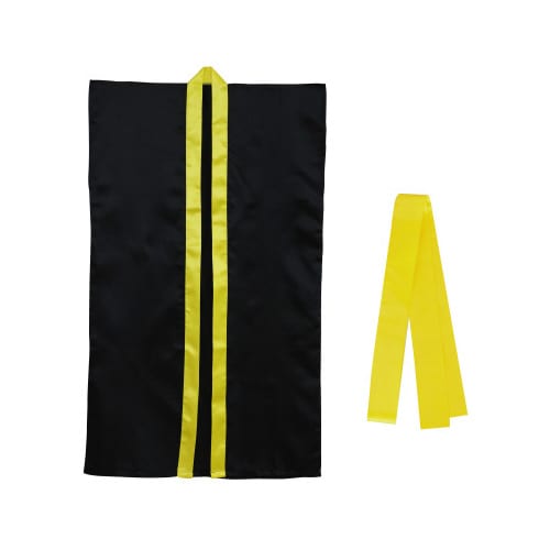 サテンロングハッピ黒(黄襟)L(ハチマキ付)