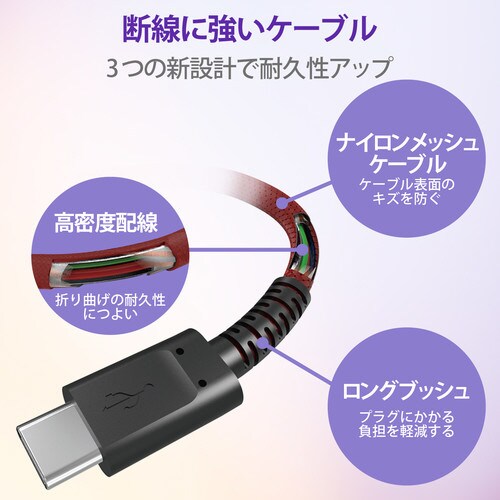 USBケーブル C−C 高耐久 1.2m レッド