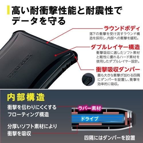 外付けSSD/ゼロショック/500GB/ブラック