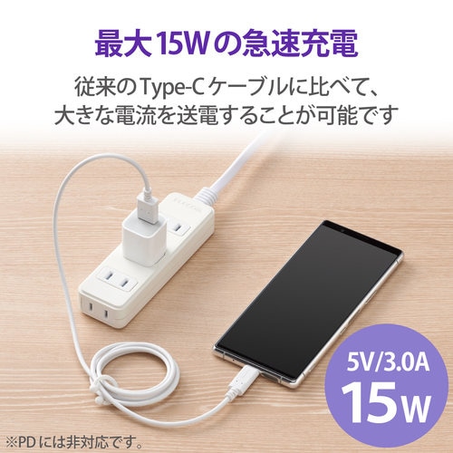 USB−Cケーブル 形状記憶 抗菌 1m ホワイト
