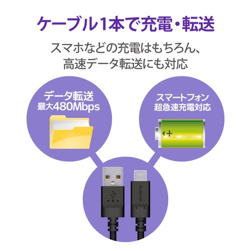 USB−Cケーブル 形状記憶 抗菌 2m ブラック