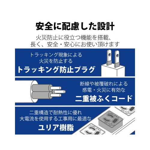 抜け止めOAタップ 3P 6個口 5m グレー