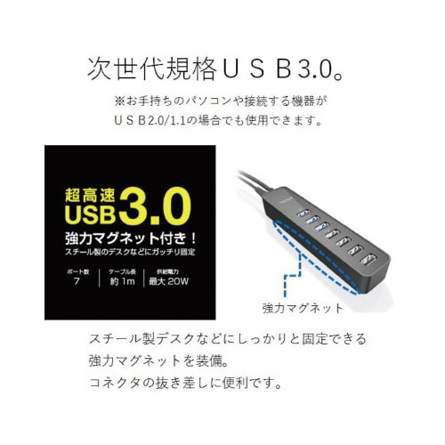 USBハブ 3.0/2.0 計7ポート マグネット