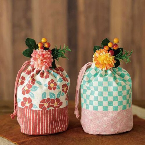 レトロモダン丸底巾着バッグ/つばき−M 10枚