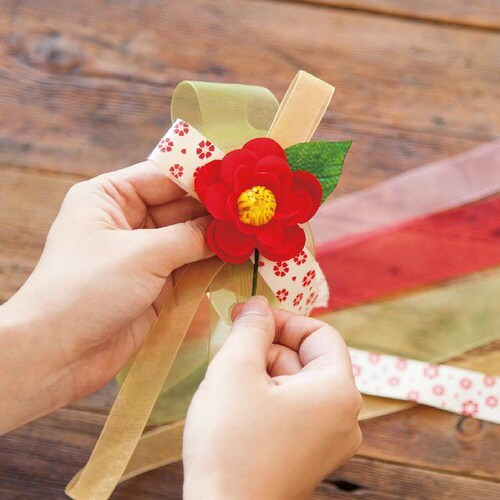 和風花柄コットンリボンレッド−3 1巻×3