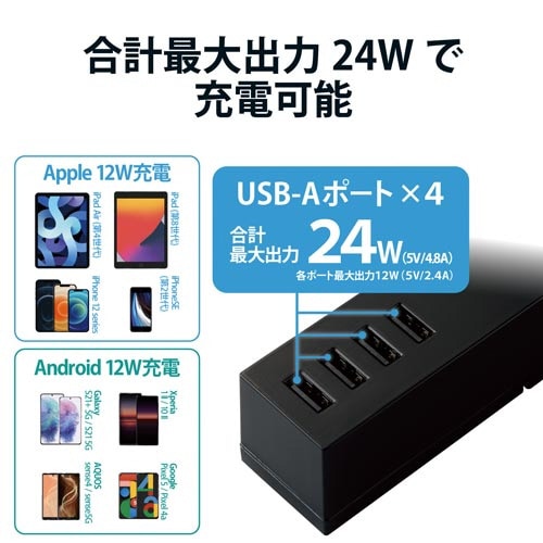 USBタップ 電源 10個口+A×4ポート 黒