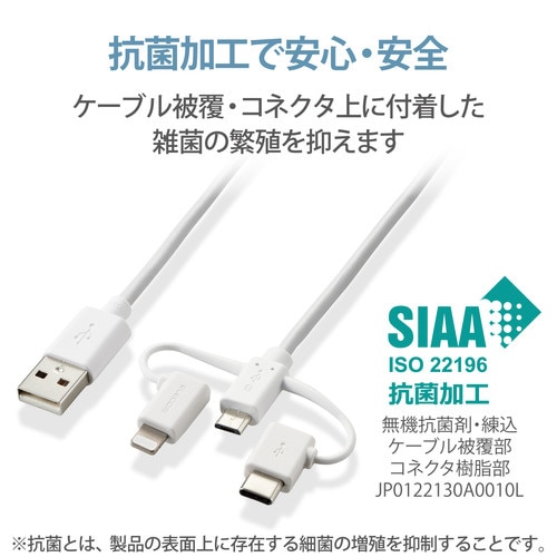 3in1ケーブル USB 1m 形状記憶 ホワイト