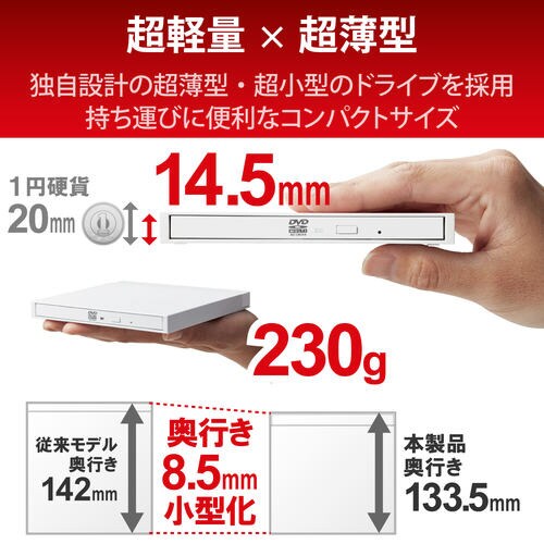 外付ポータブルDVDドライブ ケーブル付 ホワイト