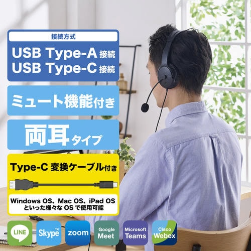 ヘッドセット ステレオ 有線 USB接続 両耳 大