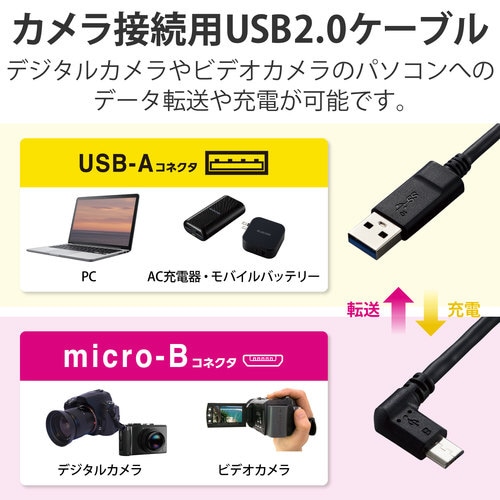 カメラケーブル マイクロBケーブル 2m 左L字