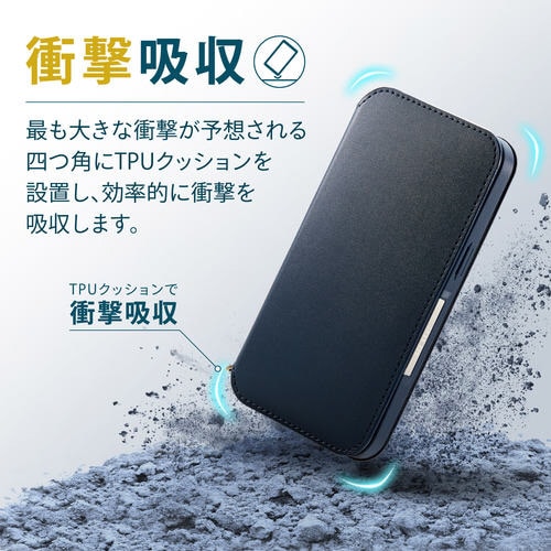 iPhone13 ケース 手帳 レザー ネイビー