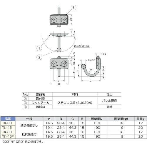 ステンレス鋼製 玉付回転フック TK−30F
