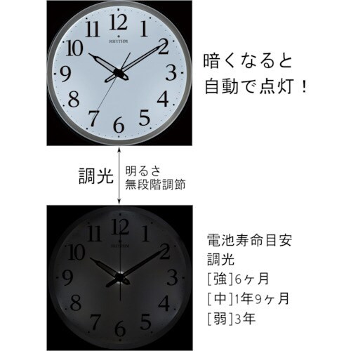 リズム 電波 壁掛け時計 暗所自動点灯機能付き