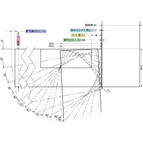 スライドヒンジ 厚扉用 H360−C26−0T