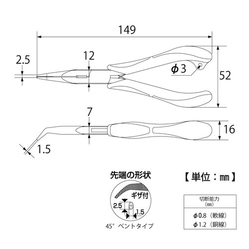 三枚合せ先曲りラジオペンチ