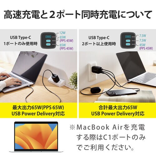 タイプC充電器 65W C×2 A×1 ブラック