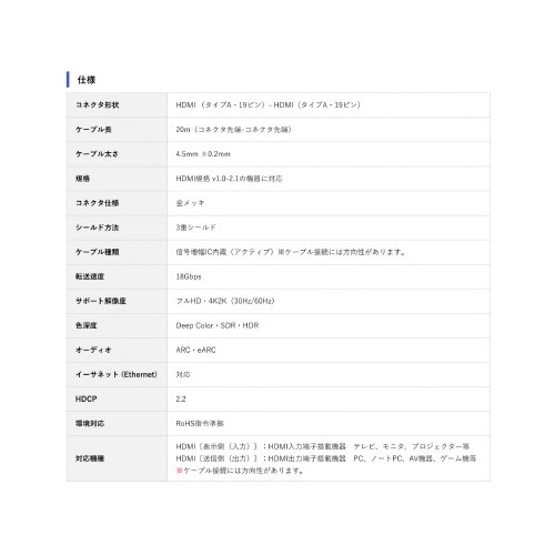 光ファイバー極細HDMIケーブル 20m