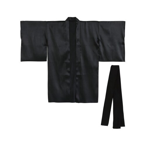 ソフトサテンロングハッピ袖付 黒L(ハチマキ付)