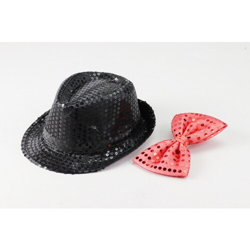 キラキラ蝶ネクタイ赤・キラキラハット黒