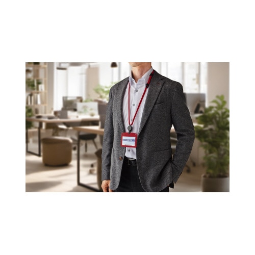 吊り下げ名札リール式レザーヨコ名刺1枚青