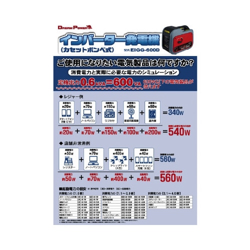 ガス式インバーター発電機0.6kw