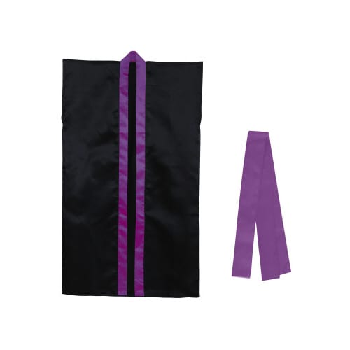 ソフトサテンロングハッピL黒/紫襟(ハチマキ付)