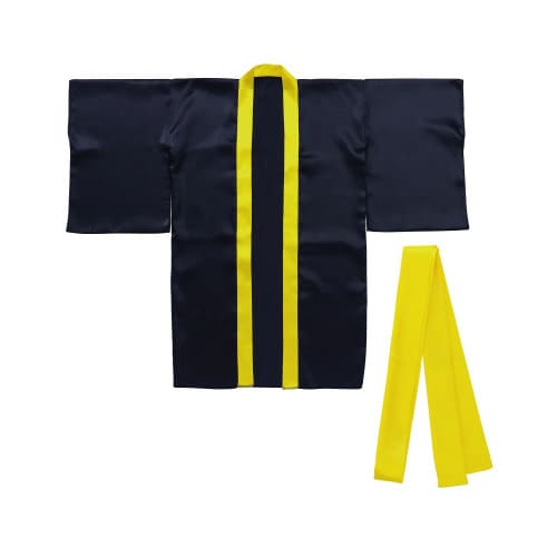 ソフトサテンロングハッピ袖付黒(襟黄)Lハチマキ付