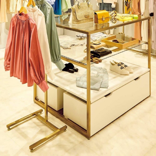 3段テーブル トロッコ付き Aゴールド脚 エクリュ