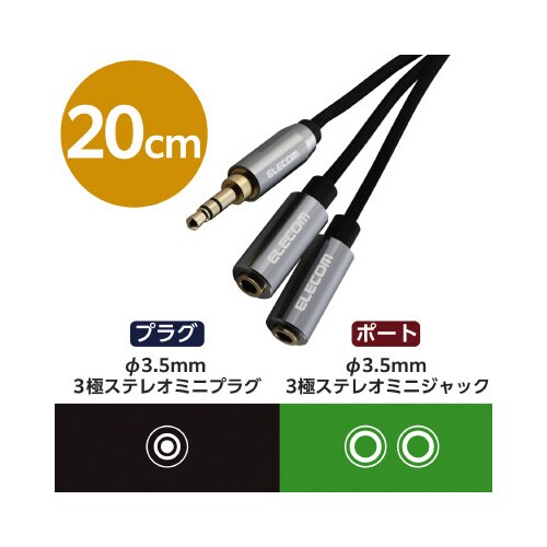 オーディオ分配ケーブルナイロンメッシュ0.2m黒