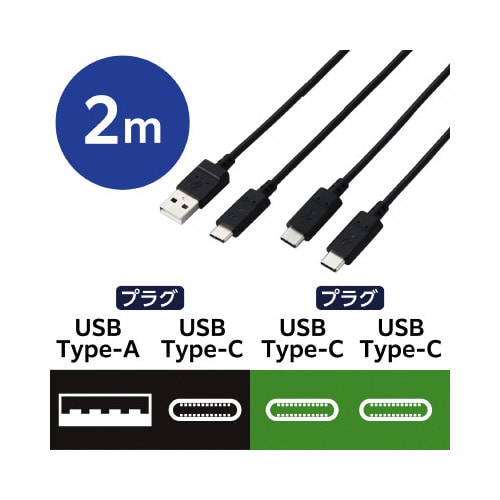 タイプCケーブル 2本 A−C/C−C 2m 黒