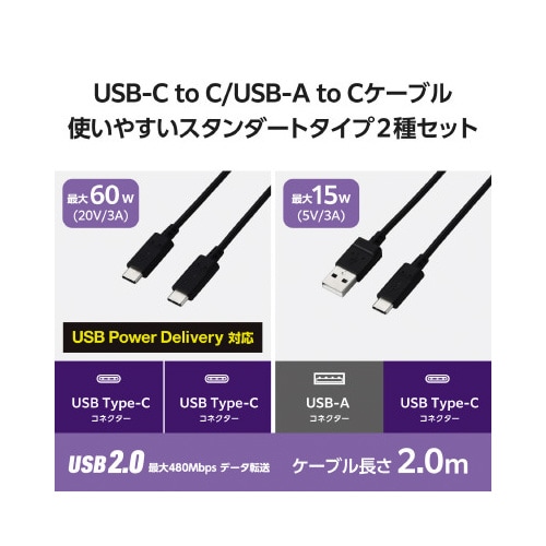 タイプCケーブル 2本 A−C/C−C 2m 黒
