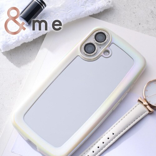 iPhone16ケース背面ミラーオーロラ白フレーム