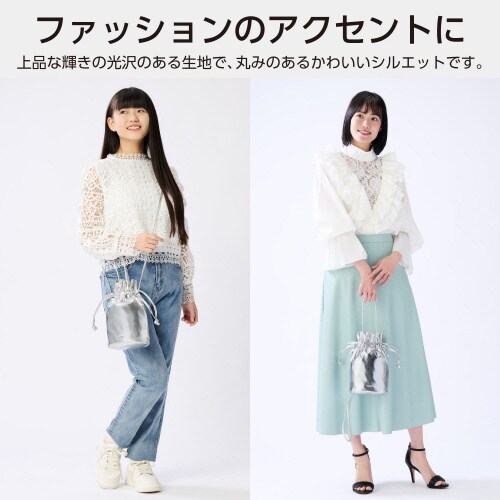 スマホポーチメタリック生地巾着タイプ銀