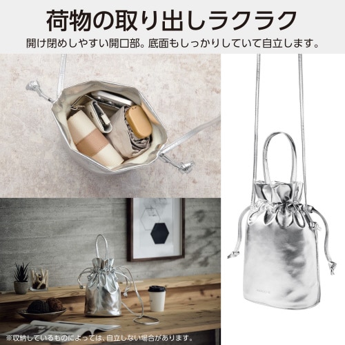 スマホポーチメタリック生地巾着タイプ銀