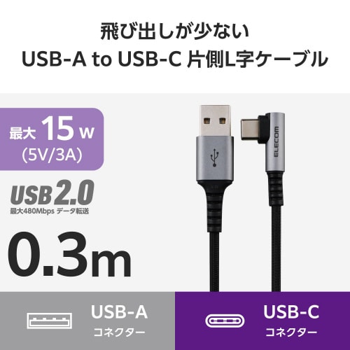 Type−Cケーブル(AtoC)0.3m L字 黒