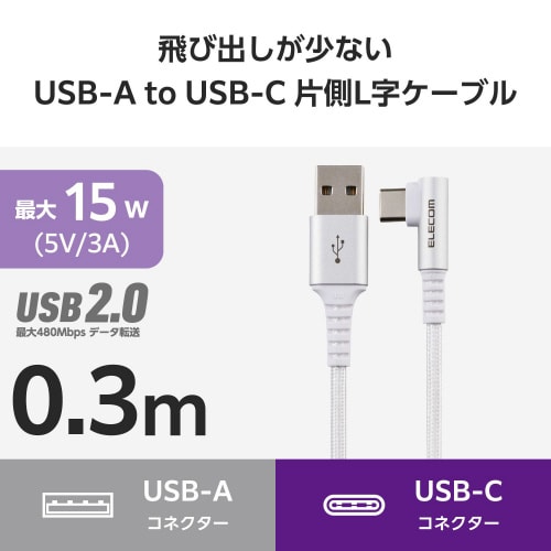 Type−Cケーブル(AtoC)0.3m L字 白