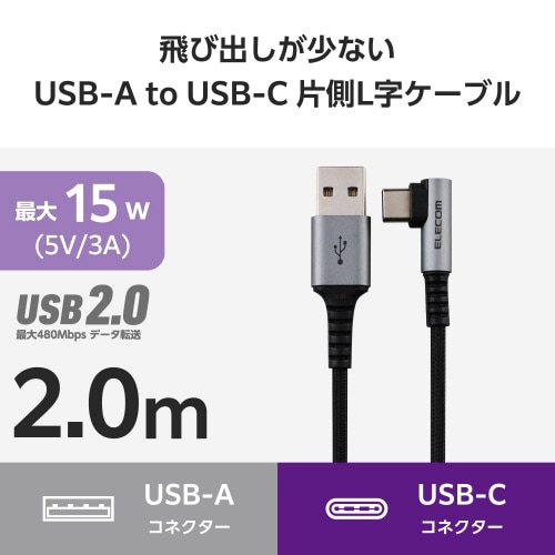 Type−Cケーブル(AtoC)2m L字 黒