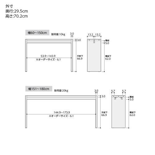 デスク高さ70.2×幅60×奥行29.5cmLN