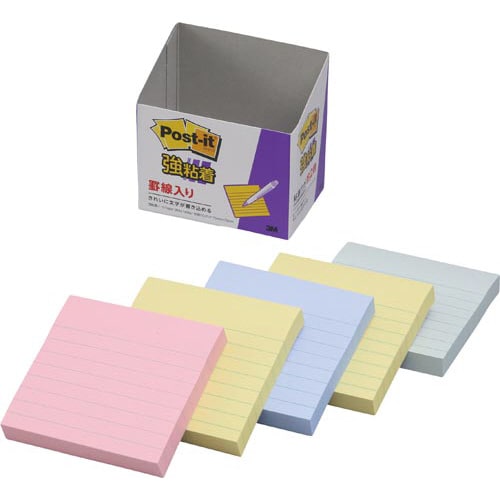 ポストイット強粘着75×75罫線入パステル混色5冊