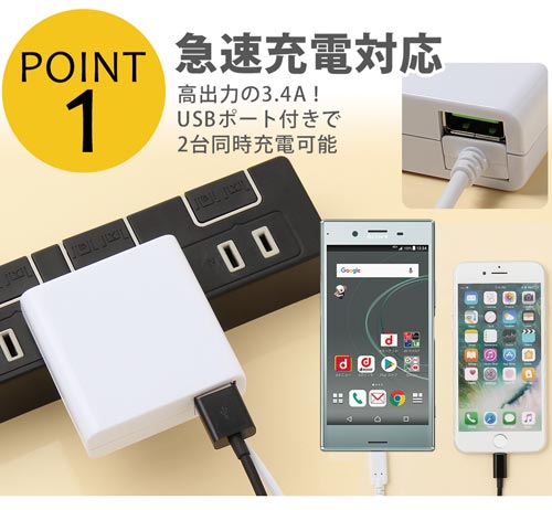 Type−C用AC充電器 3.4A 1.5m 白