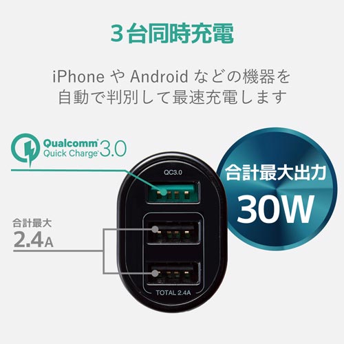 車載充電器 A(QC3.0)+A2ポート 黒
