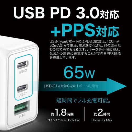 USB充電器 ML−PDUS3PG65WH