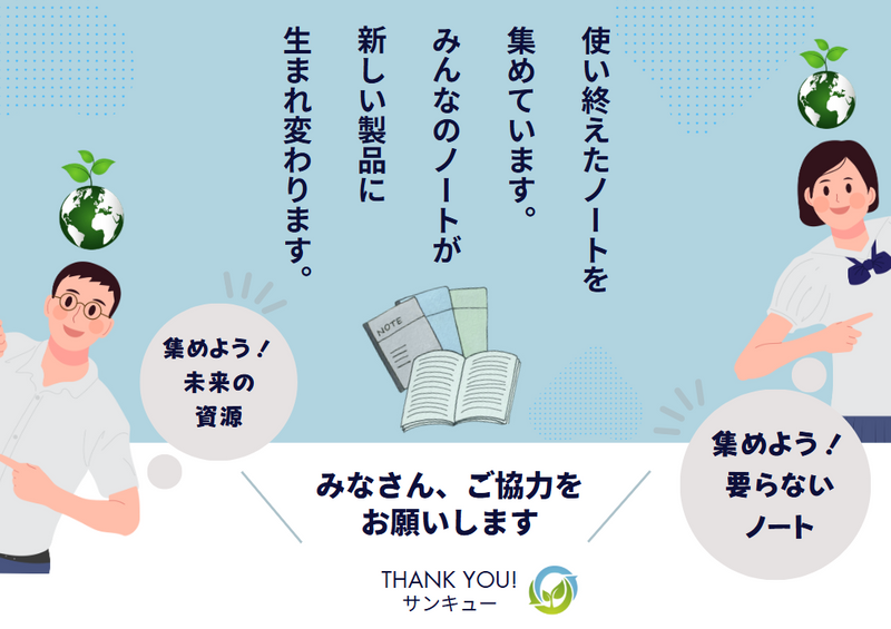 校内掲示用チラシのデザイン「使い終えたノートを集めています。みんなのノートが新しい製品に生まれ変わります。 みなさん、ご協力をお願いします」